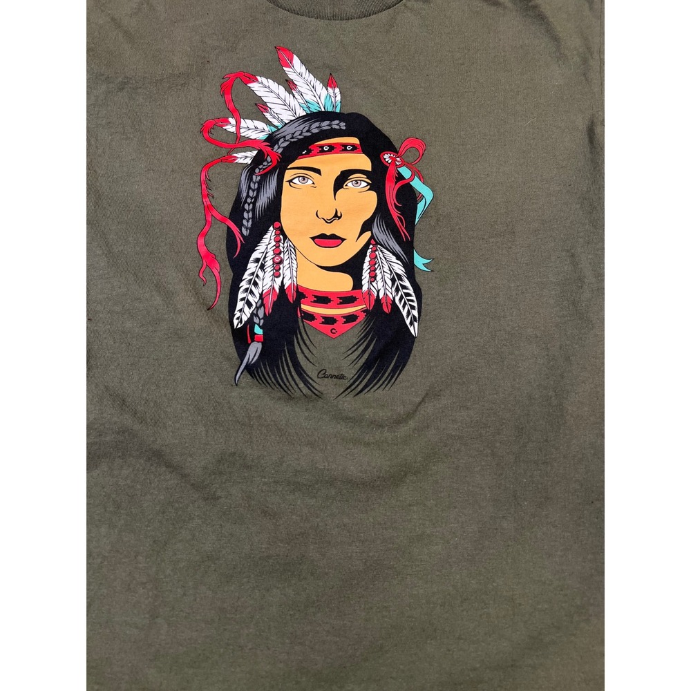 Connetic Mens Olive Green Graphic T-Shirt Indigenous Woman Portrait Size M